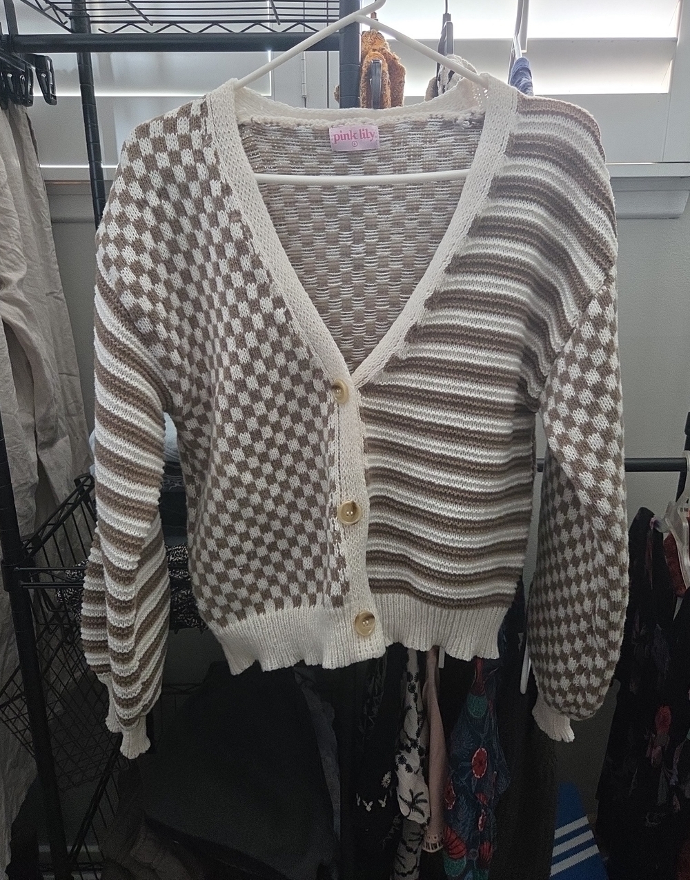 Pink Lily Cream & Brown Striped and Checkered V-Neck Cardigan